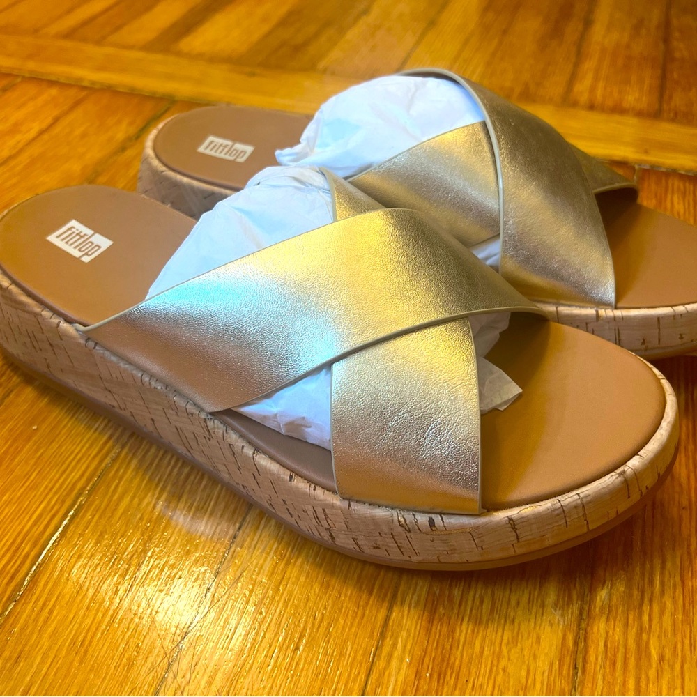 Fitflop Metallic Leather/Cork Flatform Slides